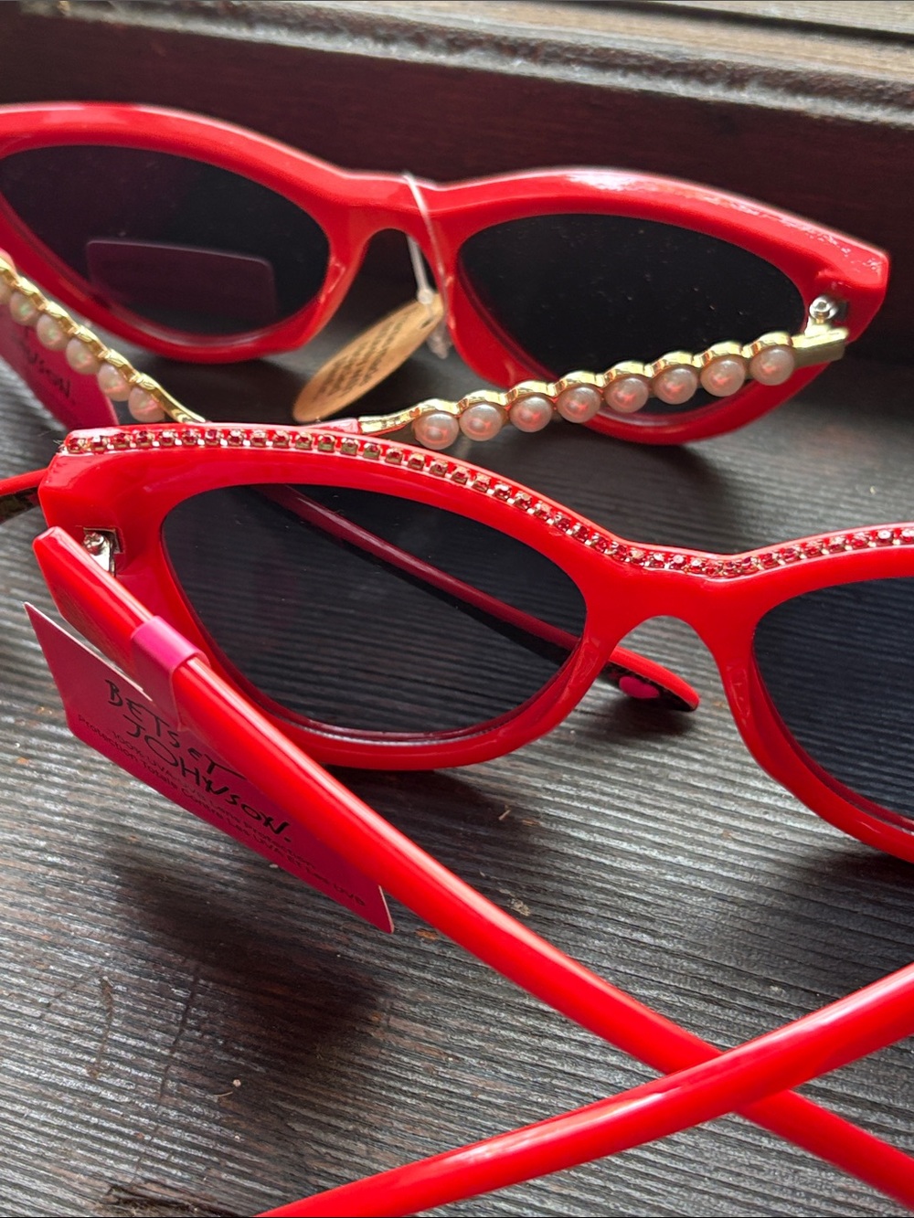 Betsey Johnson Red Cat Eye with Pearl and Red Rhinestone Sunglasses 2 Pair - Picture 6 of 8